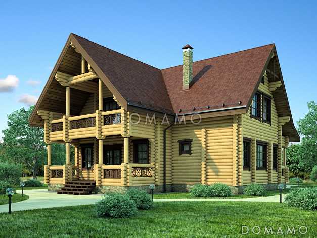 Проект дома из дерева с просторной верандой, четырьмя просторными спальными комнатами