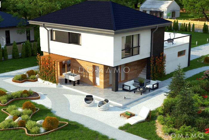 Проект современного двухэтажного коттеджа из газобетона с дополнительной комнатой на первом этаже и большим гаражом и террасой над ним 