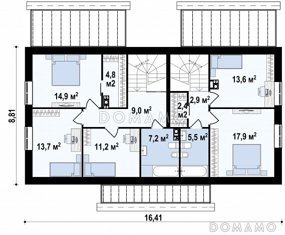 Проект комфортного мансардного дома из газобетона для двух семей / План мансардного этажа