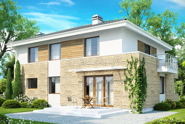 Проект современного двухэтажного дома из газобетона с четырьмя спальнями, балконом и встроенным гаражом 