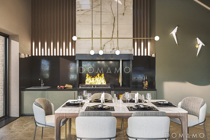 Проект дома из газобетона с навесом для автомобилей, мастер-спальней, совмещенной гостиной-столовой и кухней