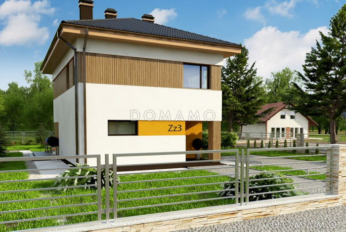 Проект дома с террасой, подвалом, кухней с кладовой, санузлом с душем на первом этаже