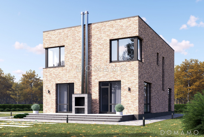 Проект двухэтажного дома с плоской крышей, с пятью спальнями и барбекю на открытой террасе