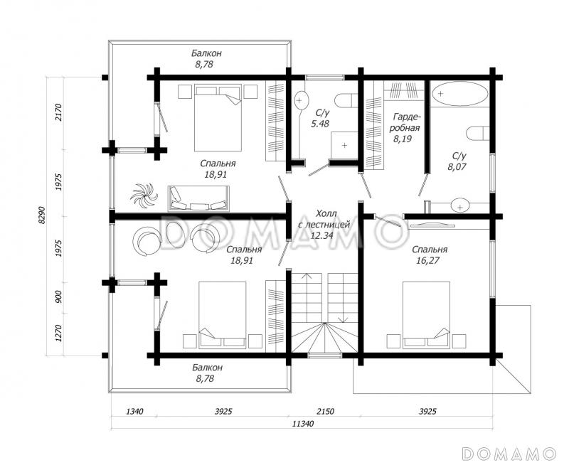 Проект дома из клееного бруса с тремя спальнями на втором этаже / План 2 этажа