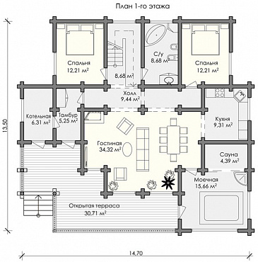 Проект большого дома из строганного бревна / План 1 этажа