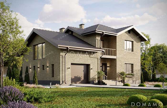 Проект современного двухэтажного дома с просторным гаражом, балконом, совмещенной кухней-гостиной и большим зимним садом на втором этаже