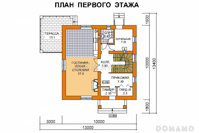 Проект дома из пеноблоков до 150 кв.м / План 1 этажа