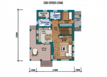 Проект одноэтажного дома с просторной террасой и двумя балконами / План 1 этажа