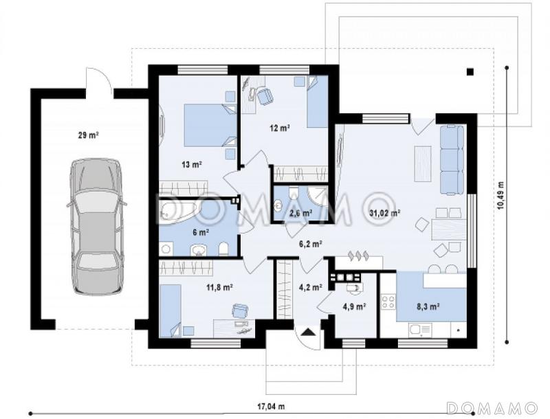 Проект одноэтажного дома из кирпича с тремя спальнями и небольшой крытой угловой террасой, увеличенная версия 273 с гаражом / План 1 этажа