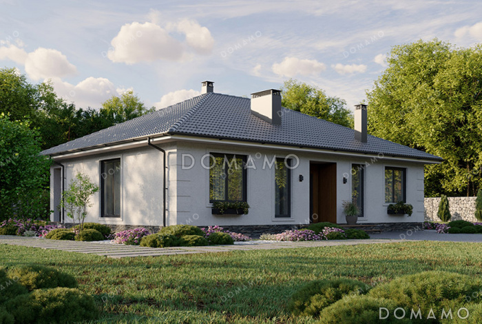 Проект квадратного одноэтажного дома с отделкой декоративной штукатуркой, террасой под общей вальмовой крышей и большой совмещенной кухней-гостиной