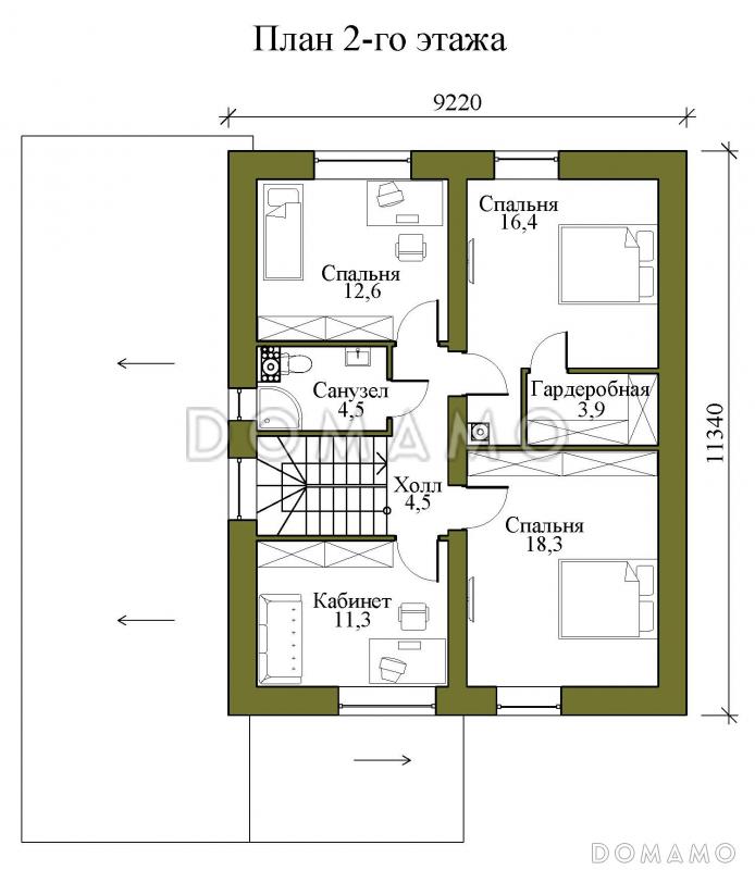 Проект двухэтажного кирпичного дома с гаражом на два машиноместа, тремя спальнями и кабинетом на втором этаже / План 2 этажа