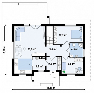 Проект одноэтажного мансардного дома из газобетона с дополнительной спальней и кабинетом на первом этаже / План 1 этажа