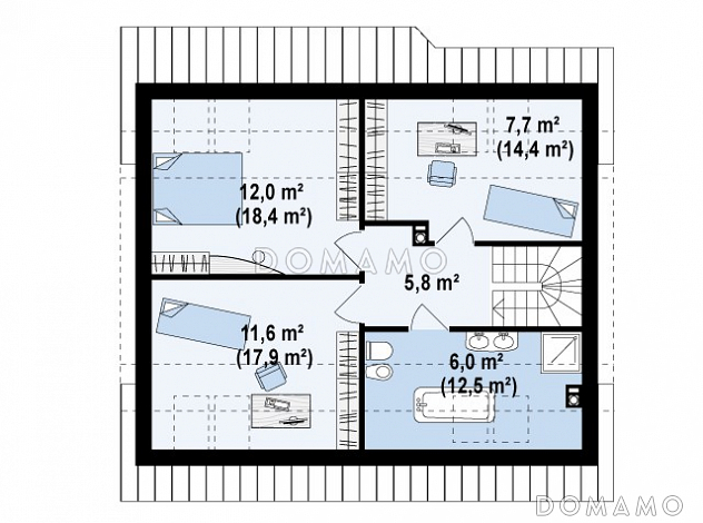 Проект одноэтажного мансардного дома из кирпича с кабинетом, тремя спальнями и эркером в гостиной / План мансардного этажа