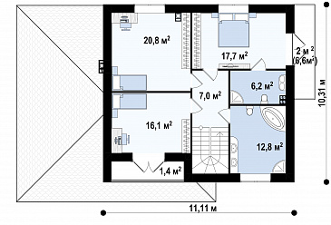 Проект двухэтажного дома из газобетона с тремя спальнями, кабинетом, гаражом и балконом / План 2 этажа