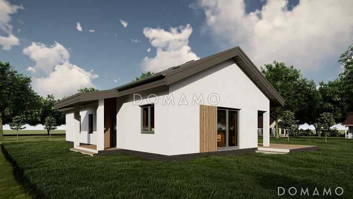 Проект дома с 3 спальнями, сауной и печью в кухне-гостиной