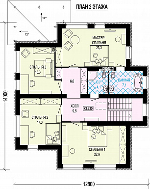 Проект двухэтажного особняка с мансардой, террасой и большой гардеробной / План 2 этажа
