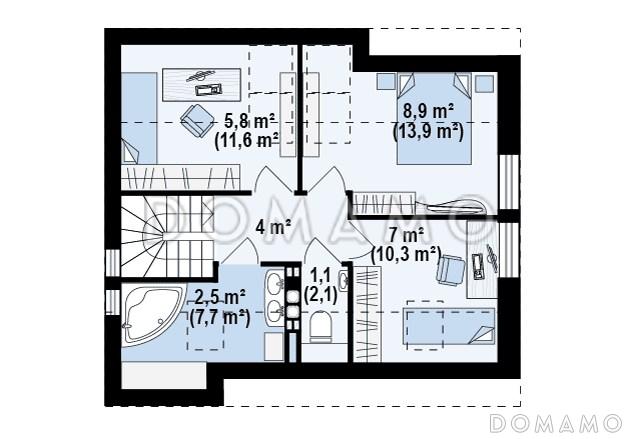 Проект одноэтажного мансардного дома из кирпича с большой площадью остекления в гостиной / План мансардного этажа