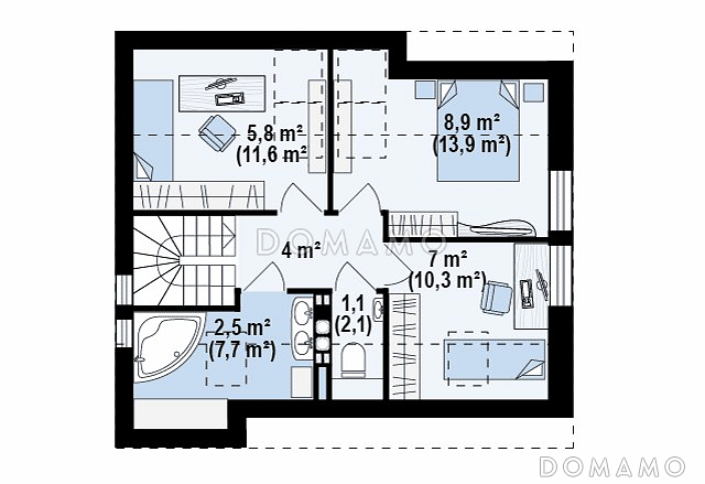 Проект одноэтажного мансардного дома из кирпича с большой площадью остекления в гостиной / План мансардного этажа