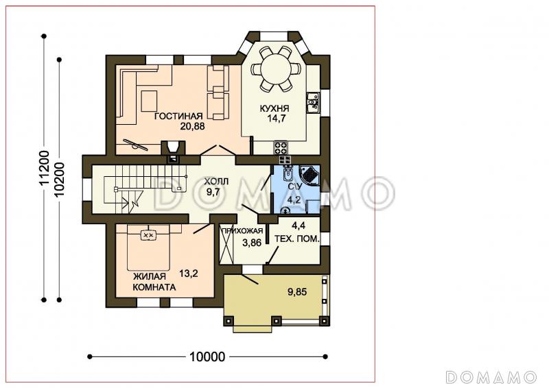 Проект белого дома с эркером кухни и серой кровлей / План 1 этажа