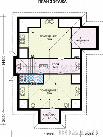 Проект двухэтажного особняка из газобетона с мансардой, балконом и террасой / План мансардного этажа
