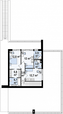 Проект современного двухэтажного дома из кирпича с плоской крышей необычного дизайна, с большими террасами на обоих уровнях, подходит для участка со склоном / План 2 этажа