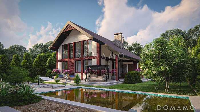 Проект дома с террасой, кабинетом, кладовой, вторым светом, мастер-спальней