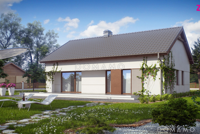 Проект одноэтажного дома из кирпича с открытой террасой по периметру, с возможностью планировки мансардного этажа