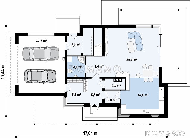 Проект современного двухэтажного дома из кирпича в стиле модерн с пятью спальнями, с гаражом, угловой террасой и балконом над ней / План 1 этажа