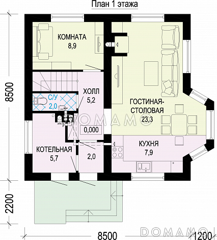 Проект одноэтажного дома из газобетона с мансардой, эркером, треугольными окнами и шатровой ломанной крышей / План 1 этажа