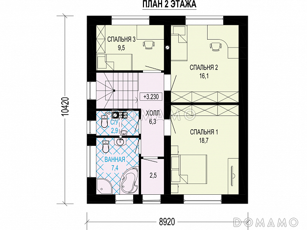 Проект загородного дома с тремя санузлами, гостиной с камином, кладовой у крыльца / План 2 этажа