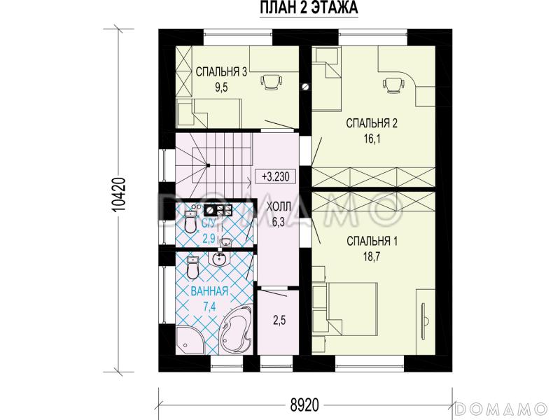 Проект загородного дома с тремя санузлами, гостиной с камином, кладовой у крыльца / План 2 этажа
