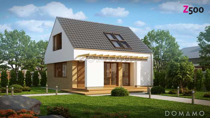 Проект одноэтажного мансардного дома из кирпича с большой площадью остекления в гостиной