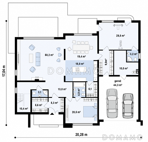Проект большого комфортабельного двухэтажного дома из кирпича с пятью комнатами, спортзалом и вторым светом над просторной гостиной / План 1 этажа