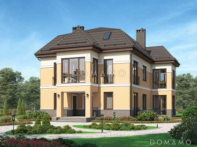 Проект двухэтажного особняка из газобетона с мансардой, балконом и террасой