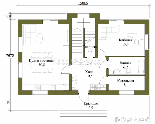 Проект компактного двухэтажного коттеджа по технологии ЛСТК с пятью спальнями / План 1 этажа