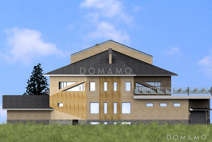 Проект двухэтажного дома с цокольным этажом, гаражом и бассейном