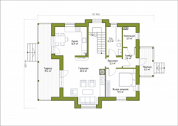 Проект коттеджа из газобетона с эркером и террасой. / План 1 этажа