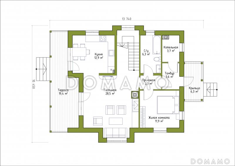 Проект коттеджа из газобетона с эркером и террасой. / План 1 этажа