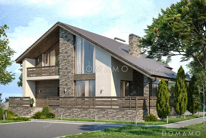 Проект дома с 3 спальнями, кабинетом, длинной угловой террасой и окнами в пол