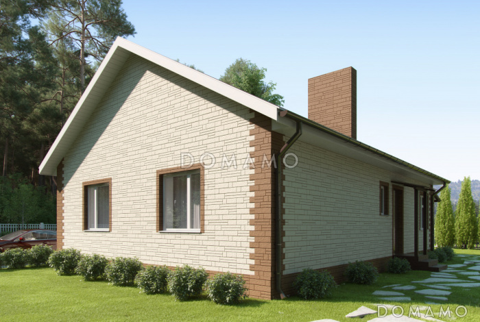 Проект дома с кладовой, кухней-столовой, гостиной, тремя спальнями