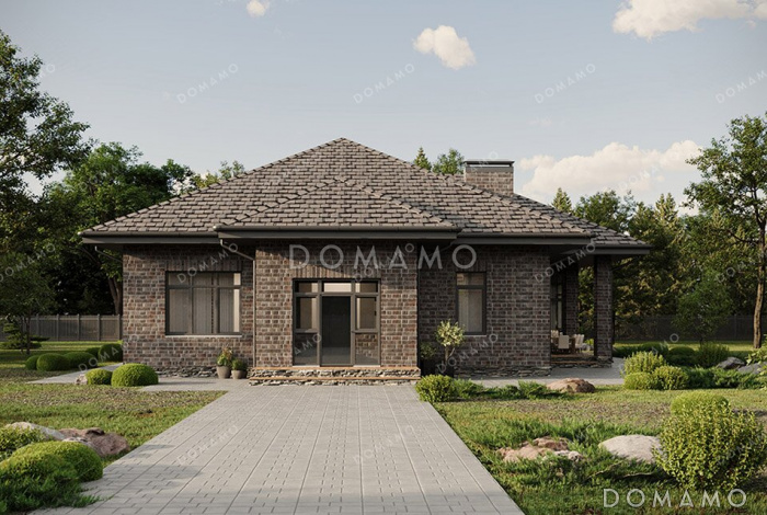 Проект практичного одноэтажного дома с крытой террасой, застекленной верандой, тремя спальнями, кабинетом и тремя санузлами