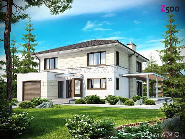 Проект просторного современного двухэтажного дома из газобетона, с четырьмя комнатами, гаражом и вторым светом над гостиной