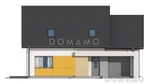 Проект одноэтажного мансардного дома из кирпича с большой гостиной, гаражом и частично крытой террасой / Фасад 2