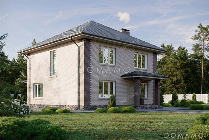 Проект двухэтажного дома с пятью комнатами и совмещенной кухней-гостиной