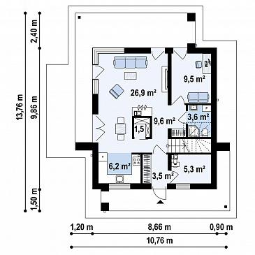 Проект хорошо зонированого двухэтажного дома с кабинетом, мастер-спальней, кладовой / План 1 этажа