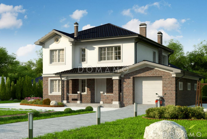 Проект  двухэтажного дома с гаражом для машины, подвалом, крытой террасой, кладовой на кухне, постирочной