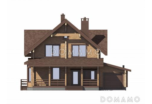 Проект двухэтажного деревянного дома с двумя террасами и гаражом на 1 автомобиль / Фасад 2