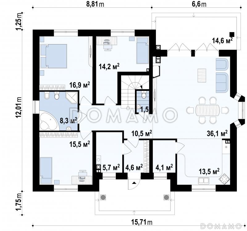 Проект одноэтажного дома из кирпича с мансардой и балконом и зоной барбекю на террасе / План 1 этажа
