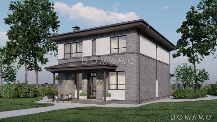 Проект двухэтажного кирпичного дома с крытой террасой и четырьмя спальнями на втором этаже