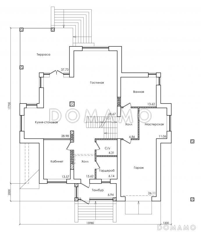 Проект особняка в трех уровнях, с комнатой отдыха на чердаке, с мастерской, гаражом и навесом под автомобиль / План 1 этажа
